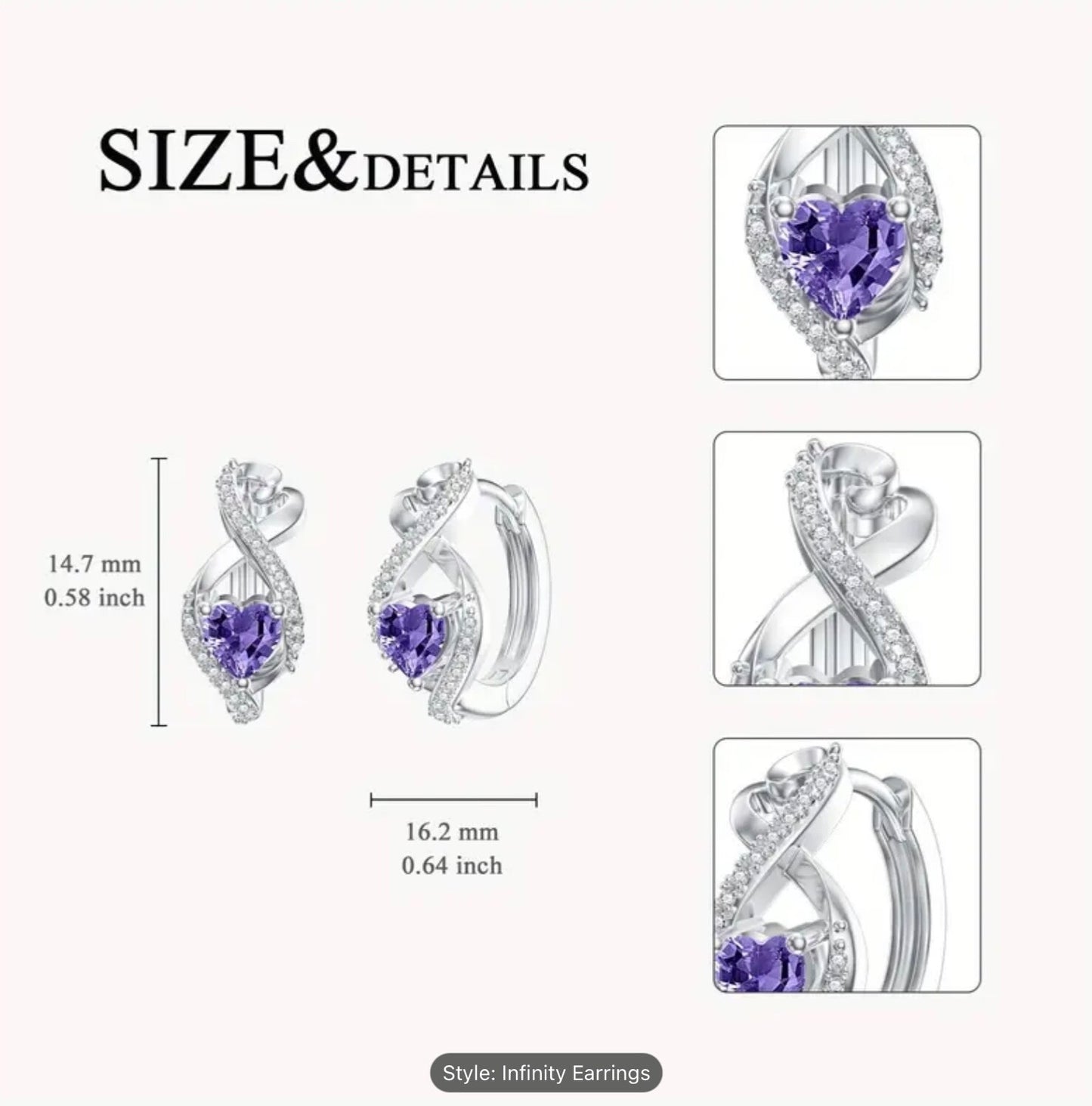 925 Sterling Silver Infinity Heart Purple CZ Huggie Hoop Earrings for Women Gift