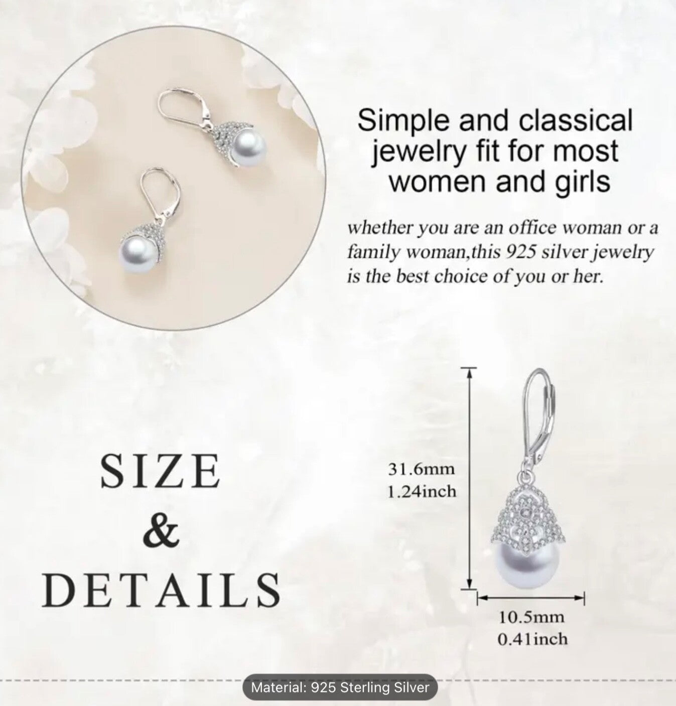 925 Sterling Silver Pearl Drop Dangle Earrings Romantic Elegant Gift for Her