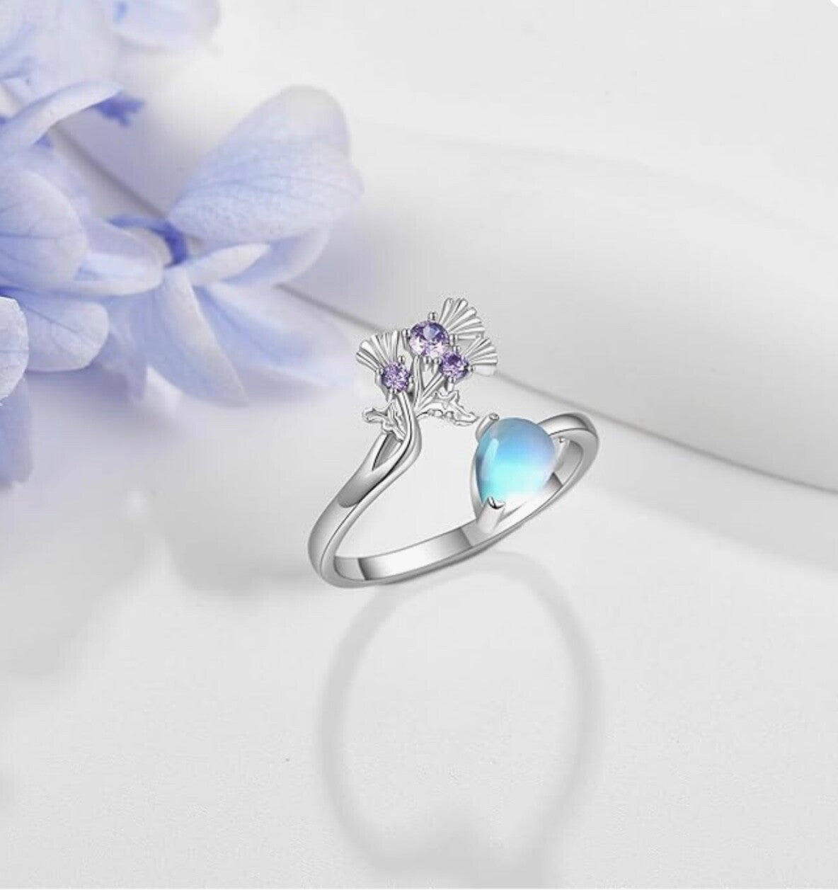 925 Sterling Silver Adjustable Flower Ring Moonstone Women Girls Gift Jewellery