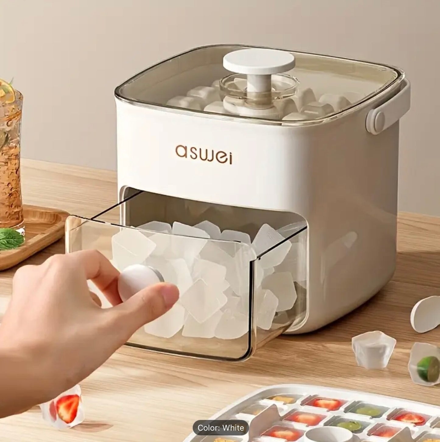 Portable Large Silicone Ice Cube Maker w/Deep Cavity Tray Bin & Scoop Easy Press