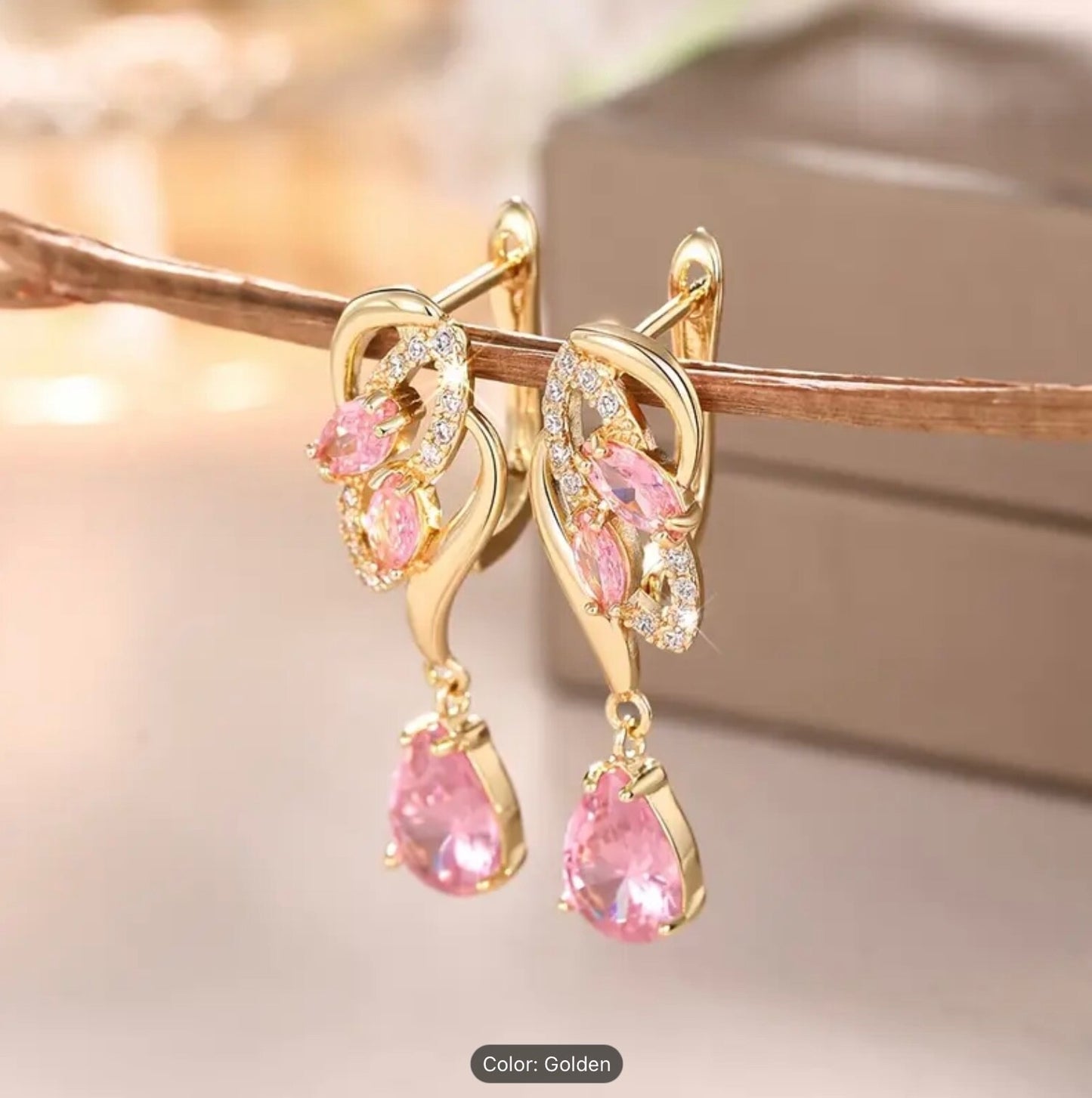 Romantic Pink Teardrop Zirconia Dangle Earrings – Gold-Tone Finish, Party-Gifts
