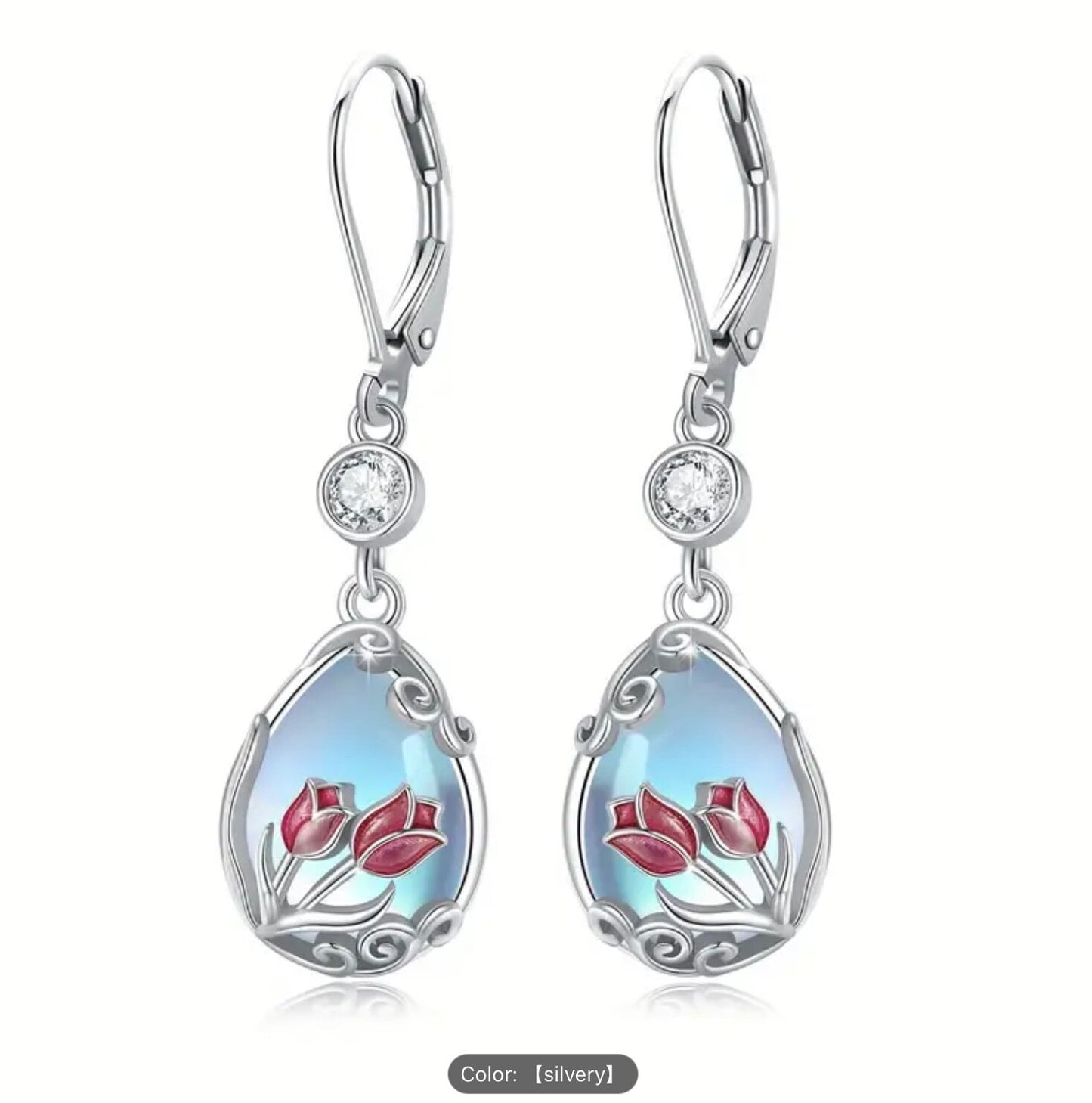 925 Silver Tulip Moonstone Teardrop CZ Dangle Earrings–Hypoallergenic Ideal Gift
