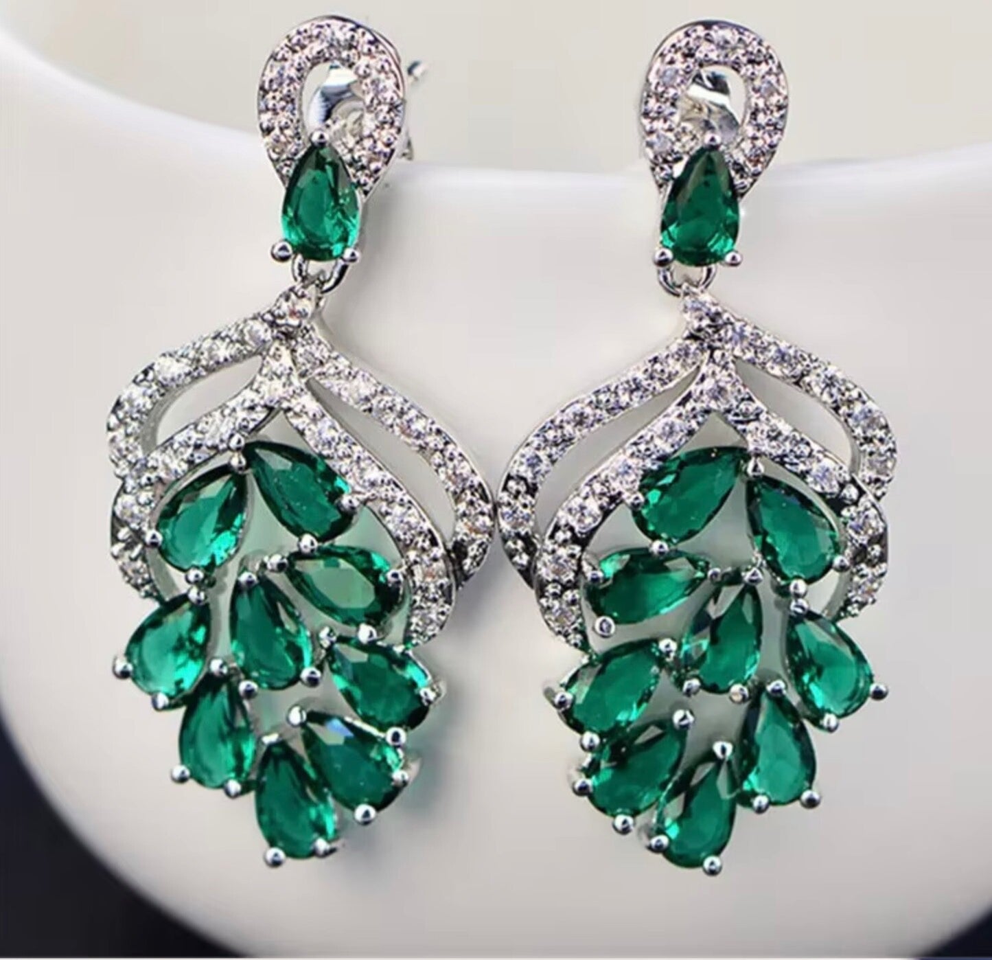 Handmade Grape Flower Drop Earrings 3.5cm Blue Green Cubic Zirconia Bridal Women