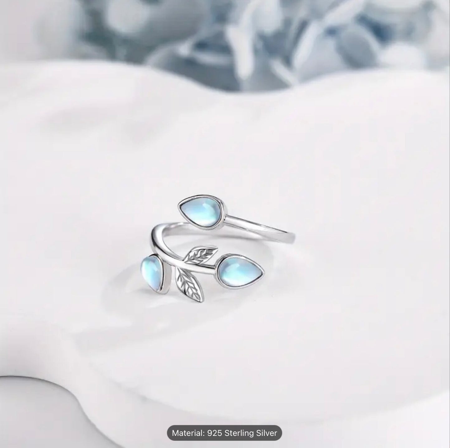 925 Sterling Silver Leaf Moonstone Ring Adjustable Gift Jewellery Women Girls