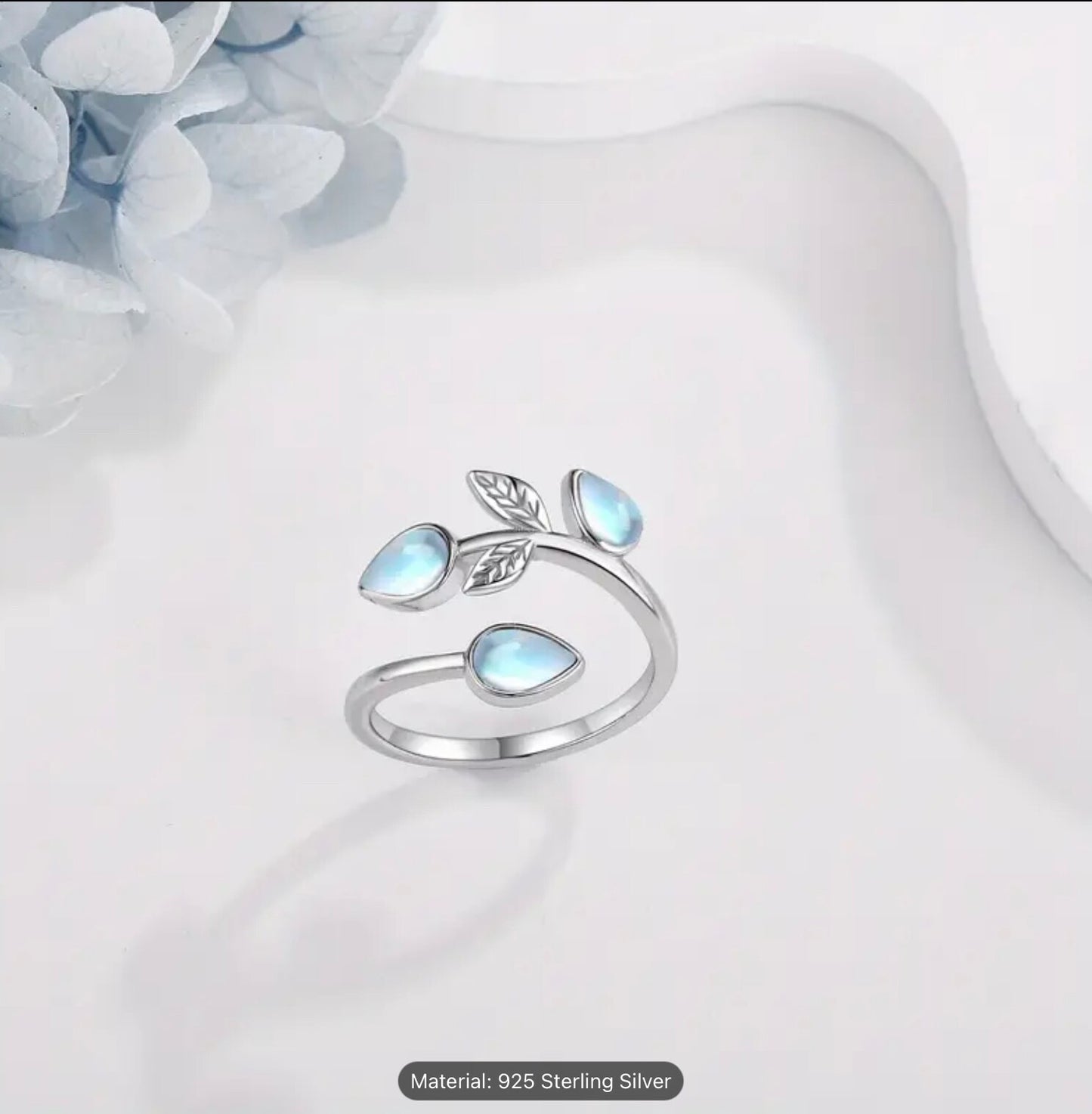 925 Sterling Silver Leaf Moonstone Ring Adjustable Gift Jewellery Women Girls