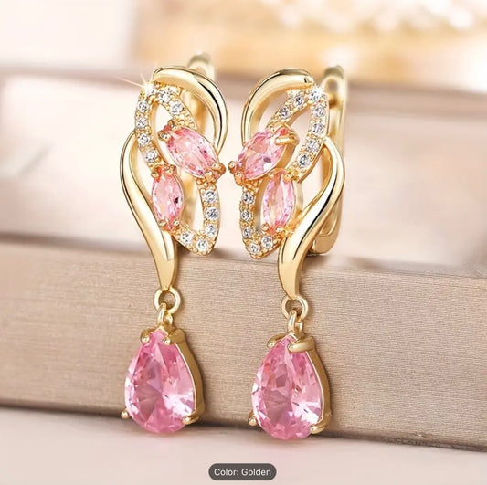 Romantic Pink Teardrop Zirconia Dangle Earrings – Gold-Tone Finish, Party-Gifts