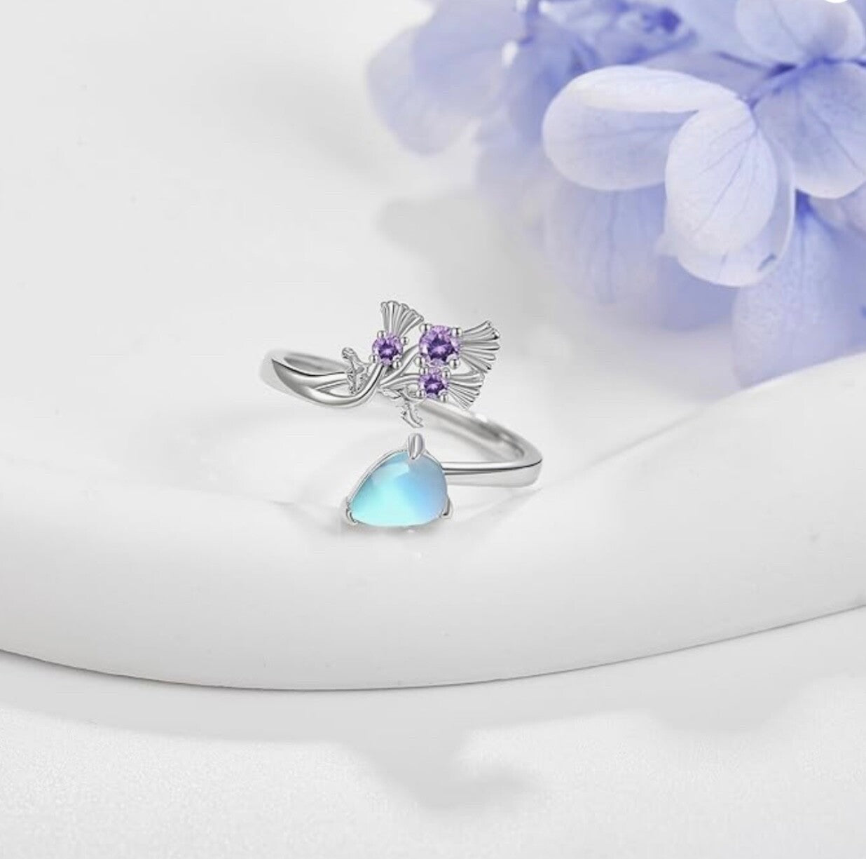 925 Sterling Silver Adjustable Flower Ring Moonstone Women Girls Gift Jewellery