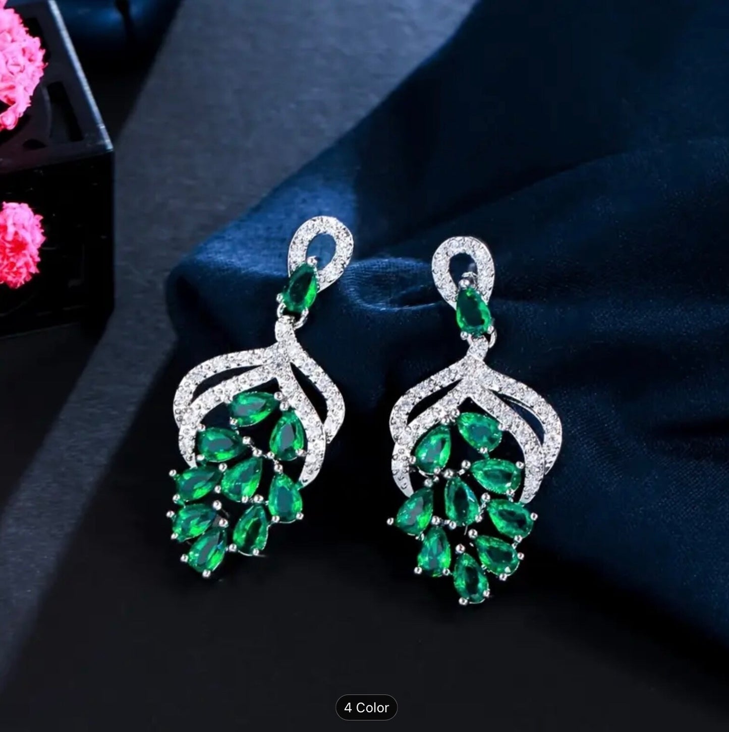 Handmade Grape Flower Drop Earrings 3.5cm Blue Green Cubic Zirconia Bridal Women
