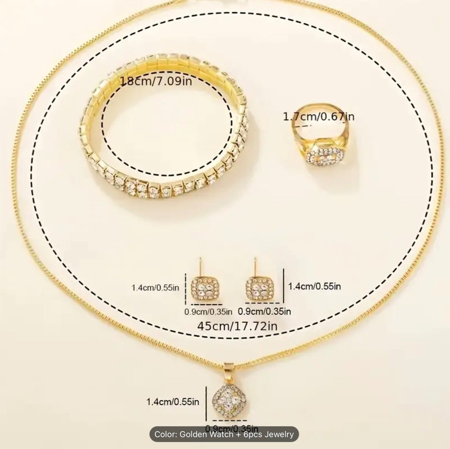 Luxury Women Girls 6pcs Watch- Bracelet & Jewellery Set – Rhinestone Quartz Gift
