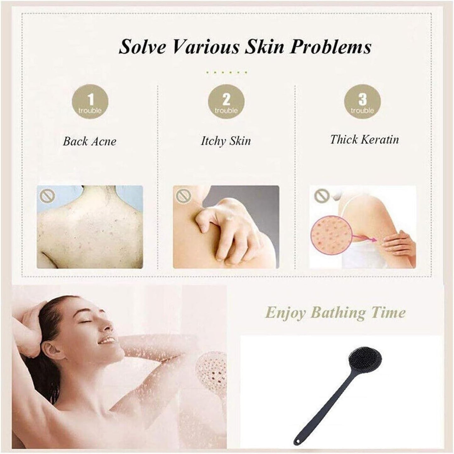 Silicone Shower Brush Scrubber Body Back Exfoliate Bath Long Handle Double Sided