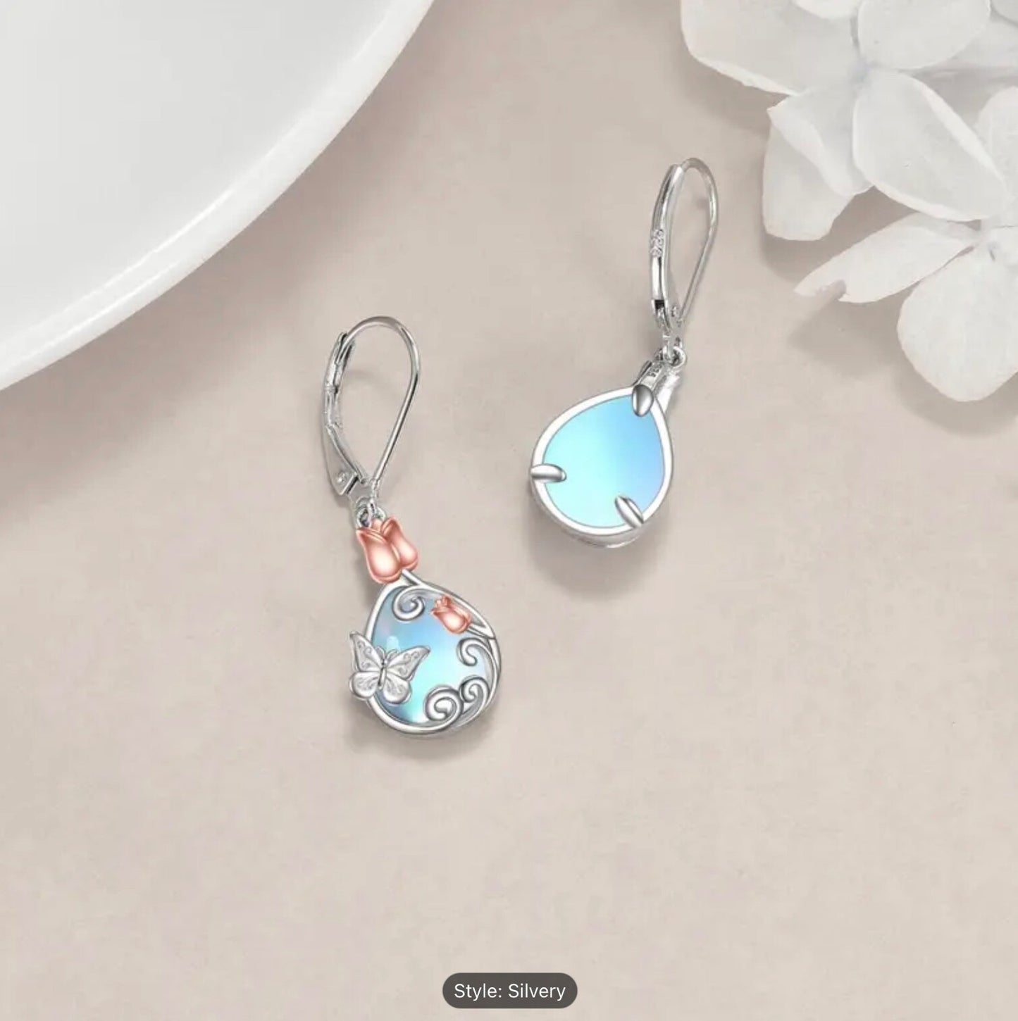 925 Sterling Silver Butterfly Leverback Moonstone Dangle Earrings Women Gift Set