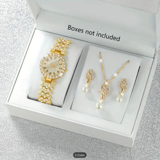 Glamorous Women’s Girls Quartz Watch & 3pc Jewellery Set – Elegant Fashion Gift