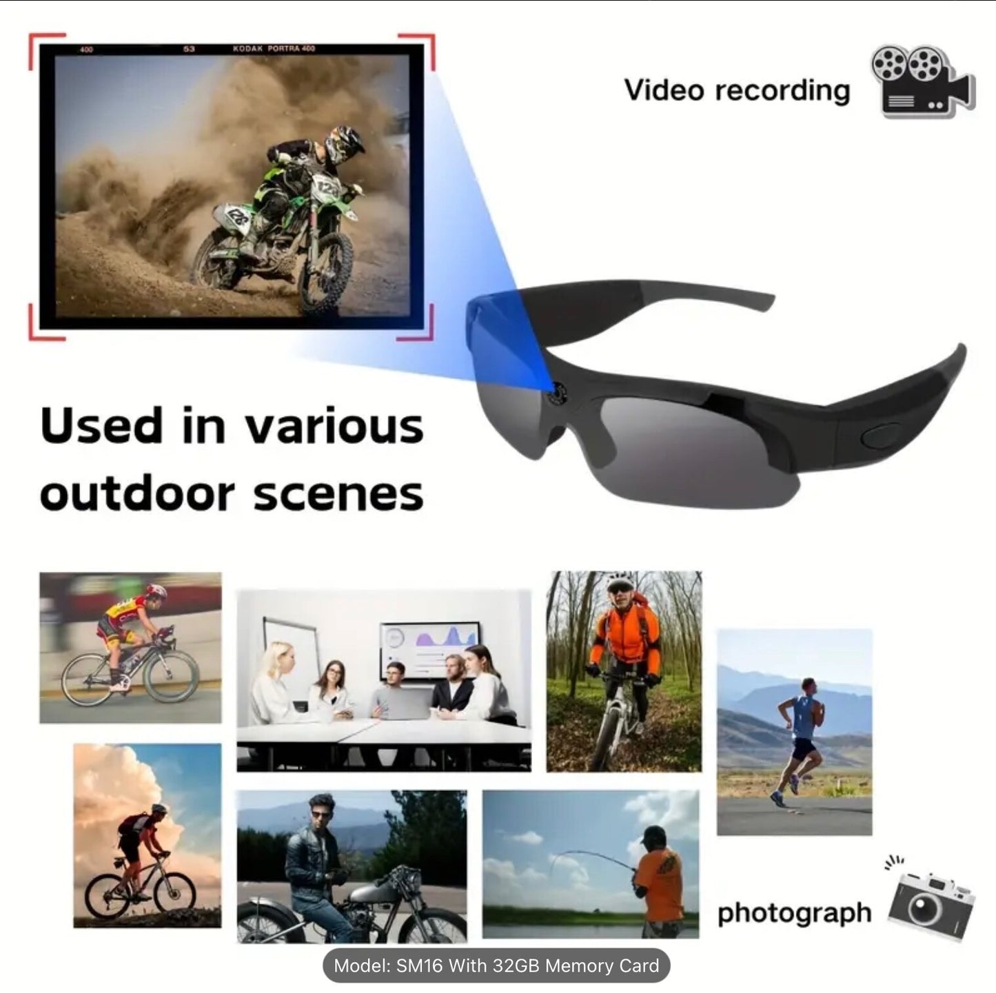 Smart HD wireless Video Glasses 32GB Card 120° Lens 180 Min Battery Waterproof