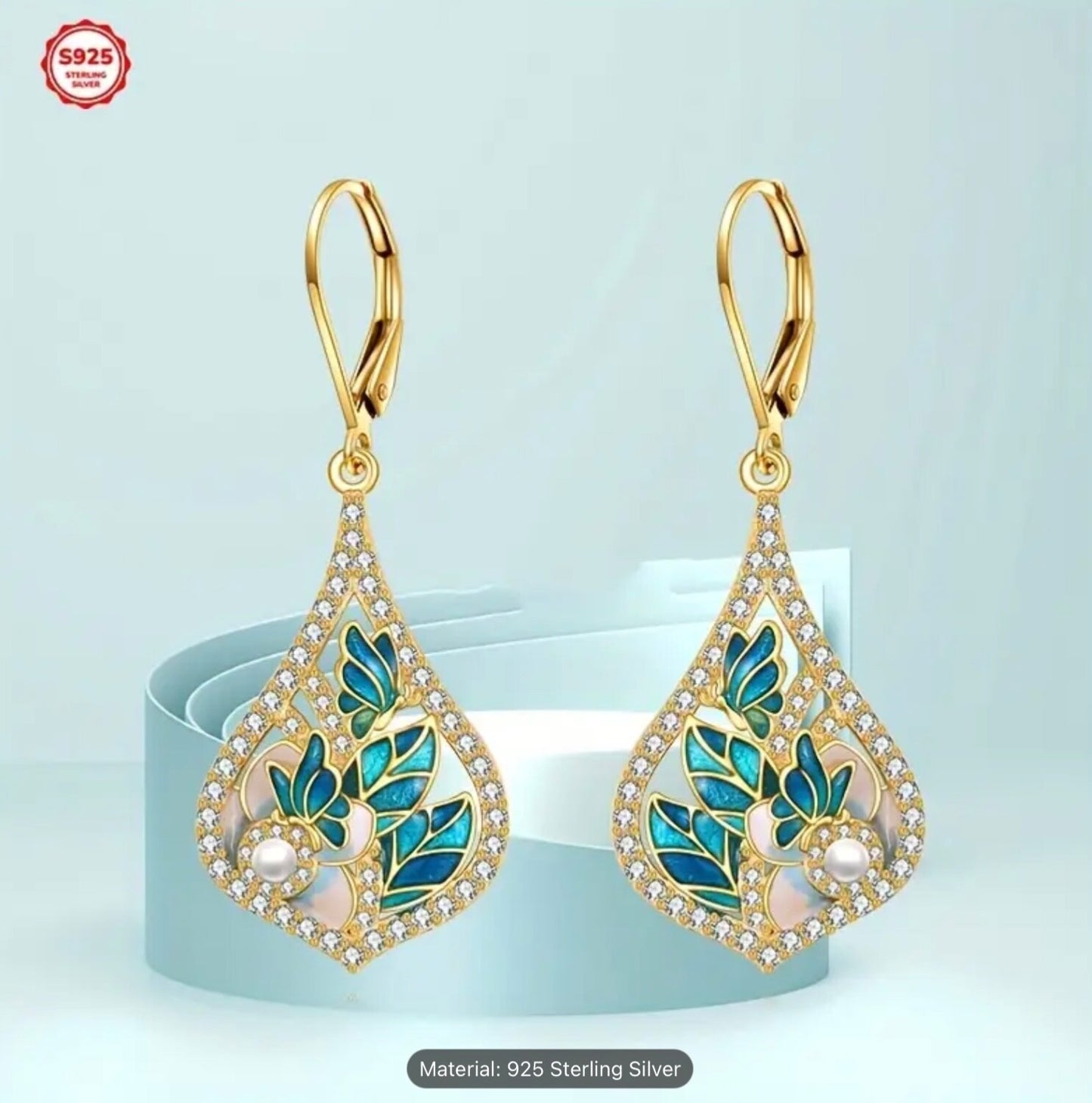 Luxury Earrings 925 Sterling Silver Dangle Drop Enamel Leaf Pearl Women Gift Set