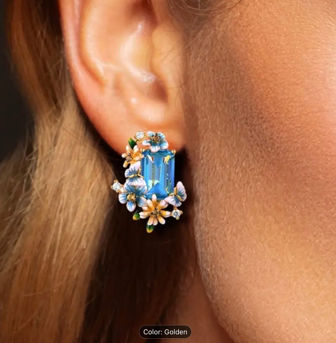 Ocean Blue Floral Drop Earrings Brass Epoxy Ocean-Blue CZ Lightweight Trendy Hoo