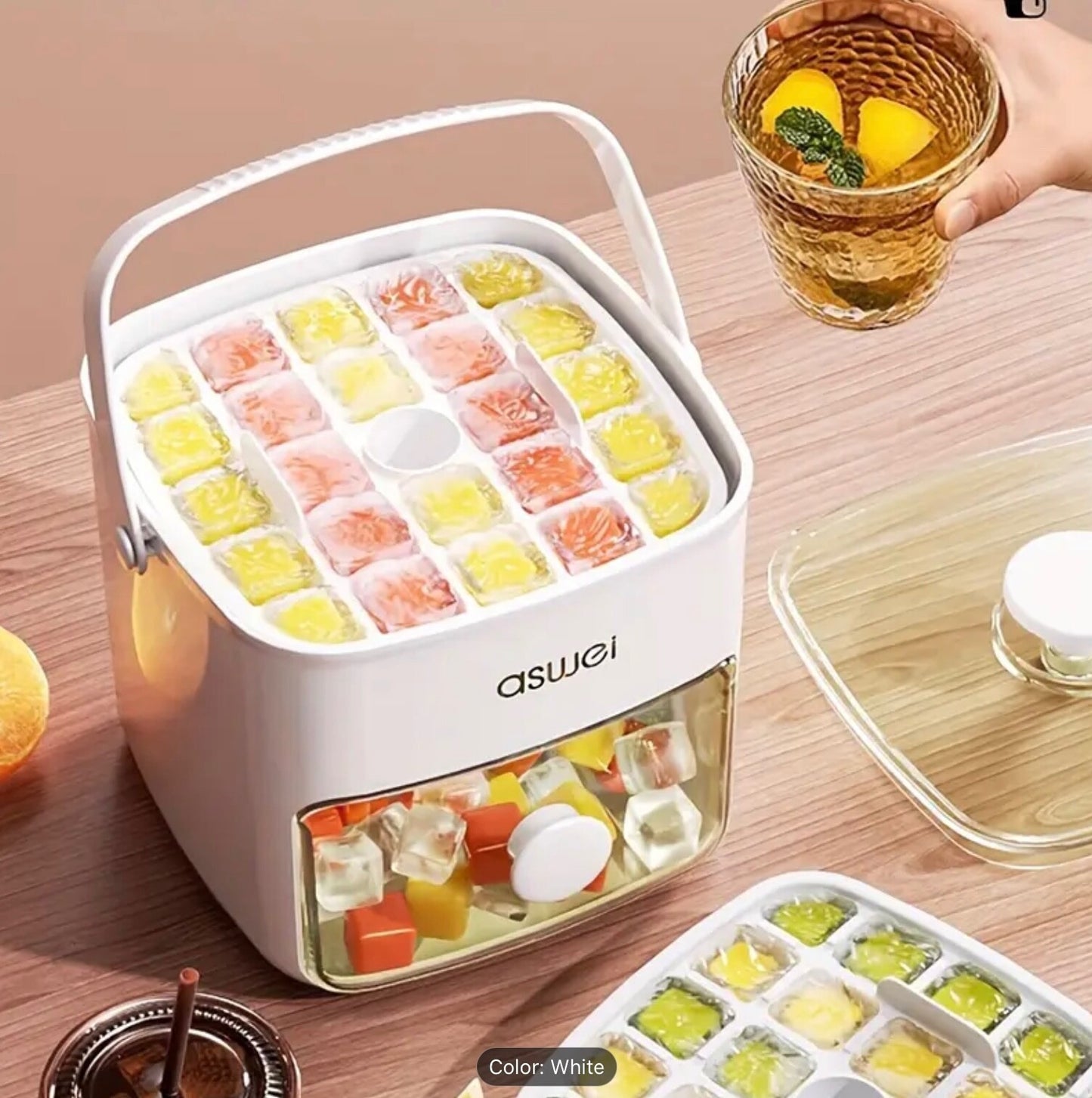 Portable Large Silicone Ice Cube Maker w/Deep Cavity Tray Bin & Scoop Easy Press