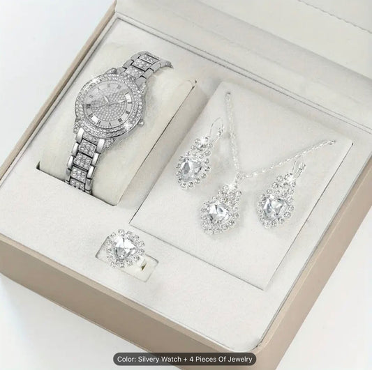 Elegant Women Girls Round Quartz Watch & 4pc Jewellery Set – Fashion Style Gift