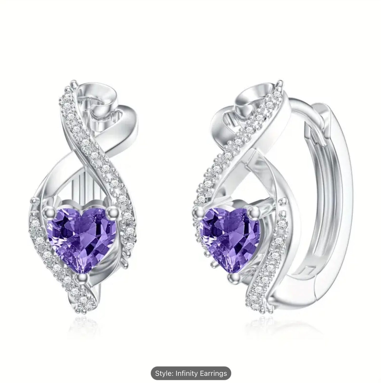 925 Sterling Silver Infinity Heart Purple CZ Huggie Hoop Earrings for Women Gift