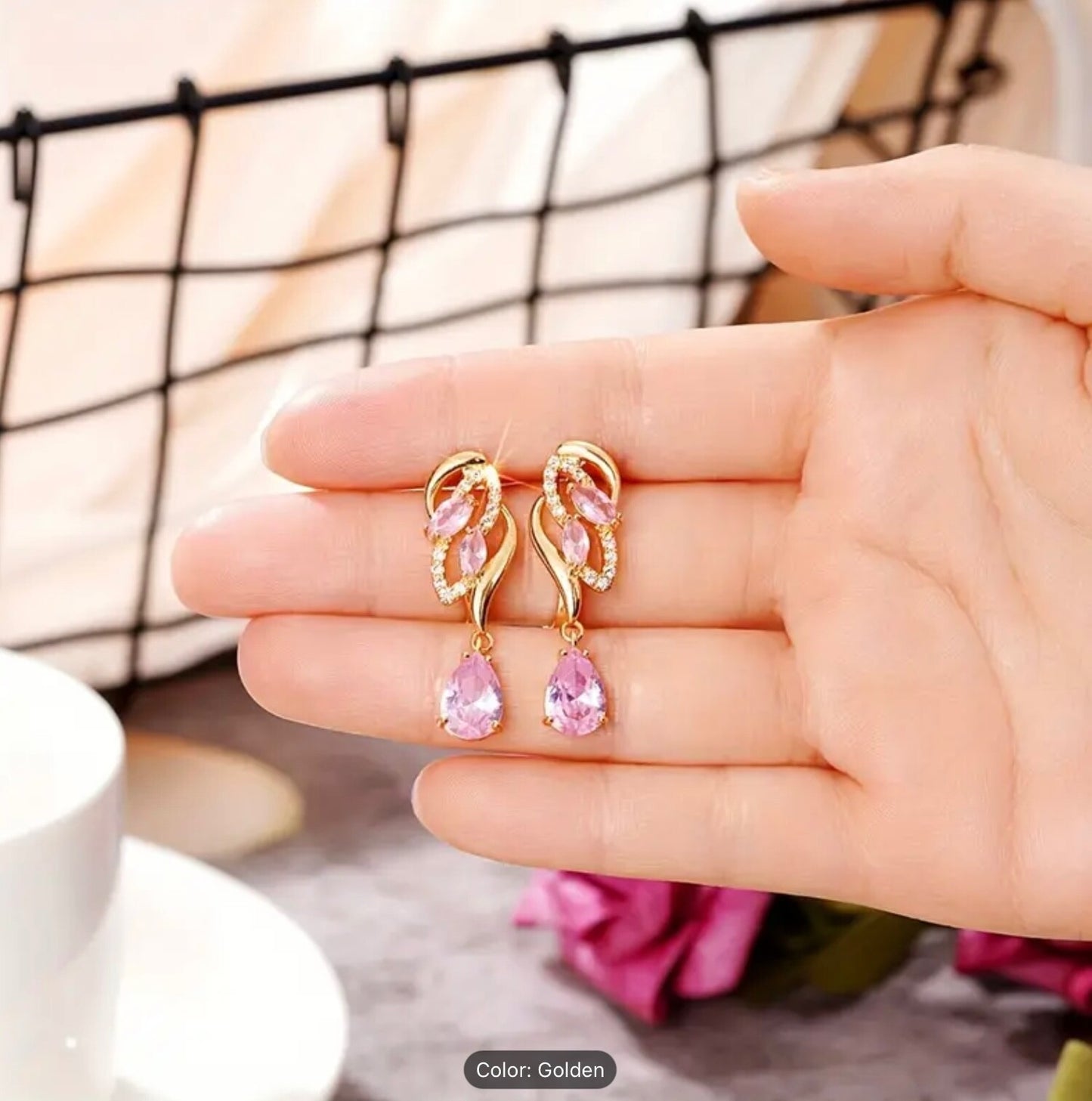 Romantic Pink Teardrop Zirconia Dangle Earrings – Gold-Tone Finish, Party-Gifts