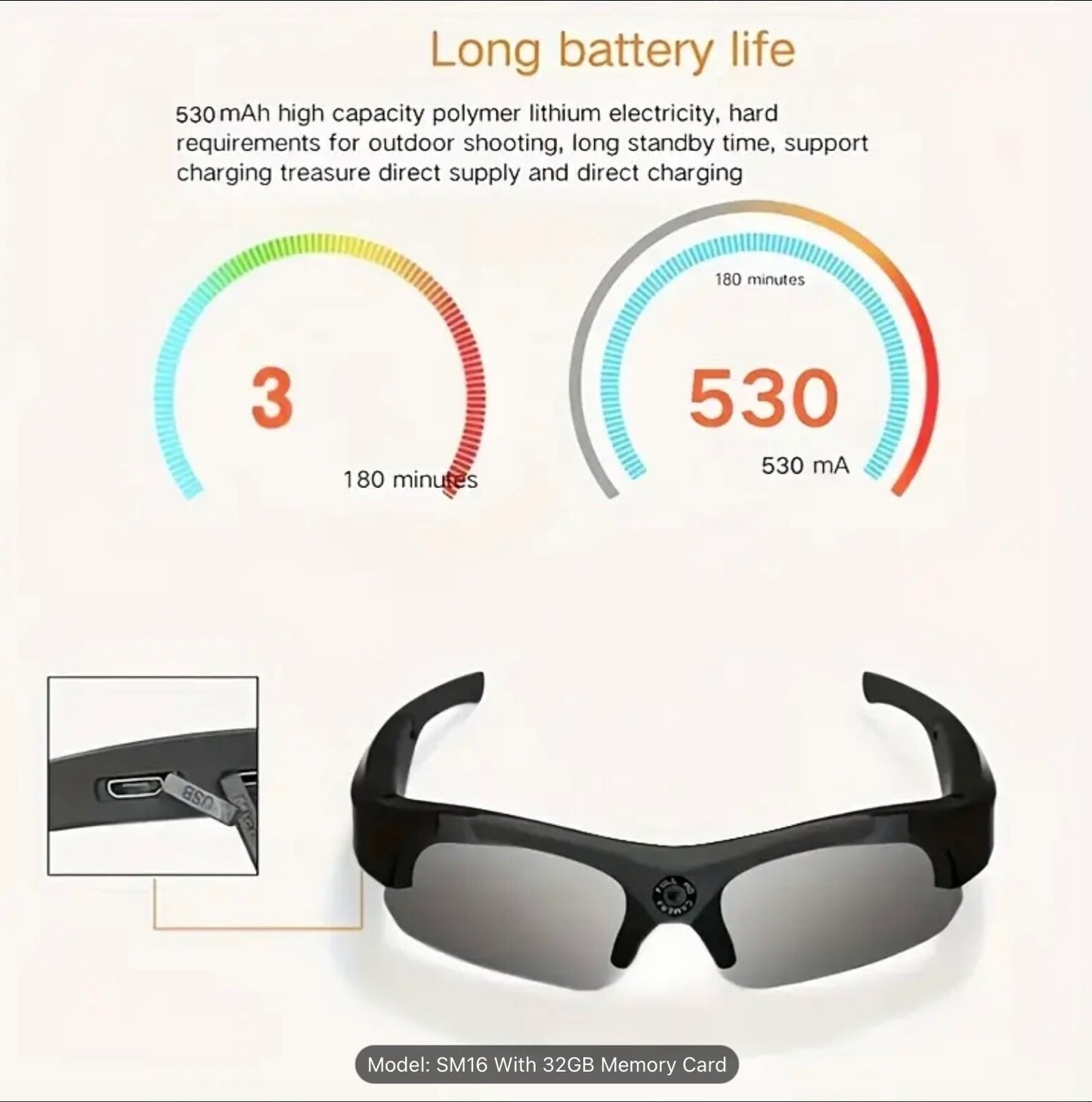 Smart HD wireless Video Glasses 32GB Card 120° Lens 180 Min Battery Waterproof