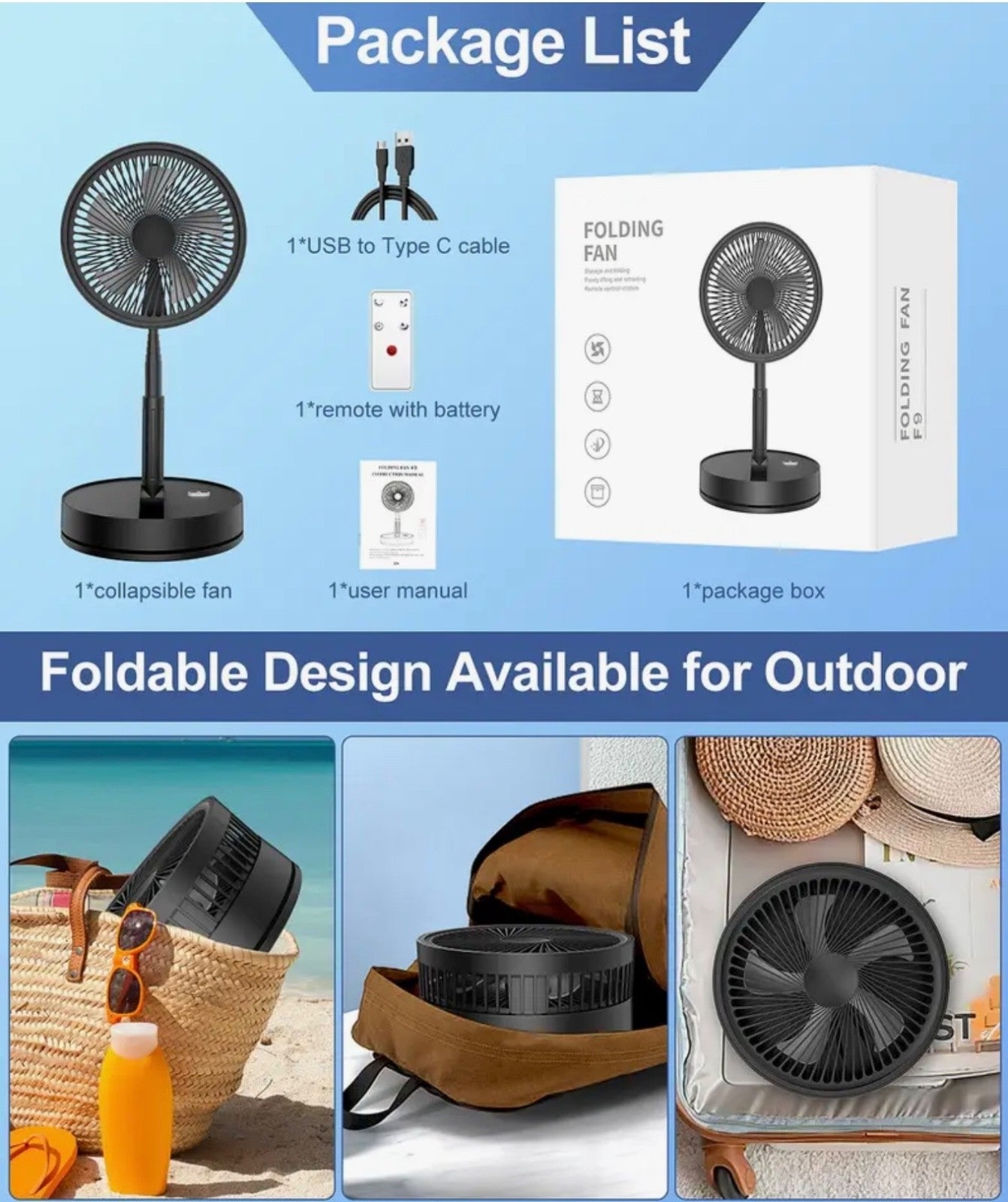 Portable Rechargeable Folding Cooling Desk & Pedestal Fan Remote USB Silent Gift