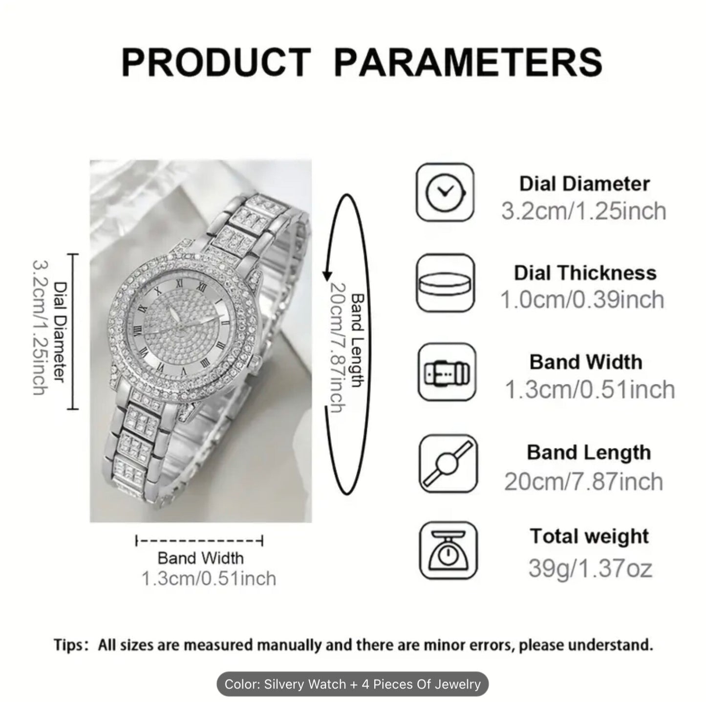Elegant Women Girls Round Quartz Watch & 4pc Jewellery Set – Fashion Style Gift