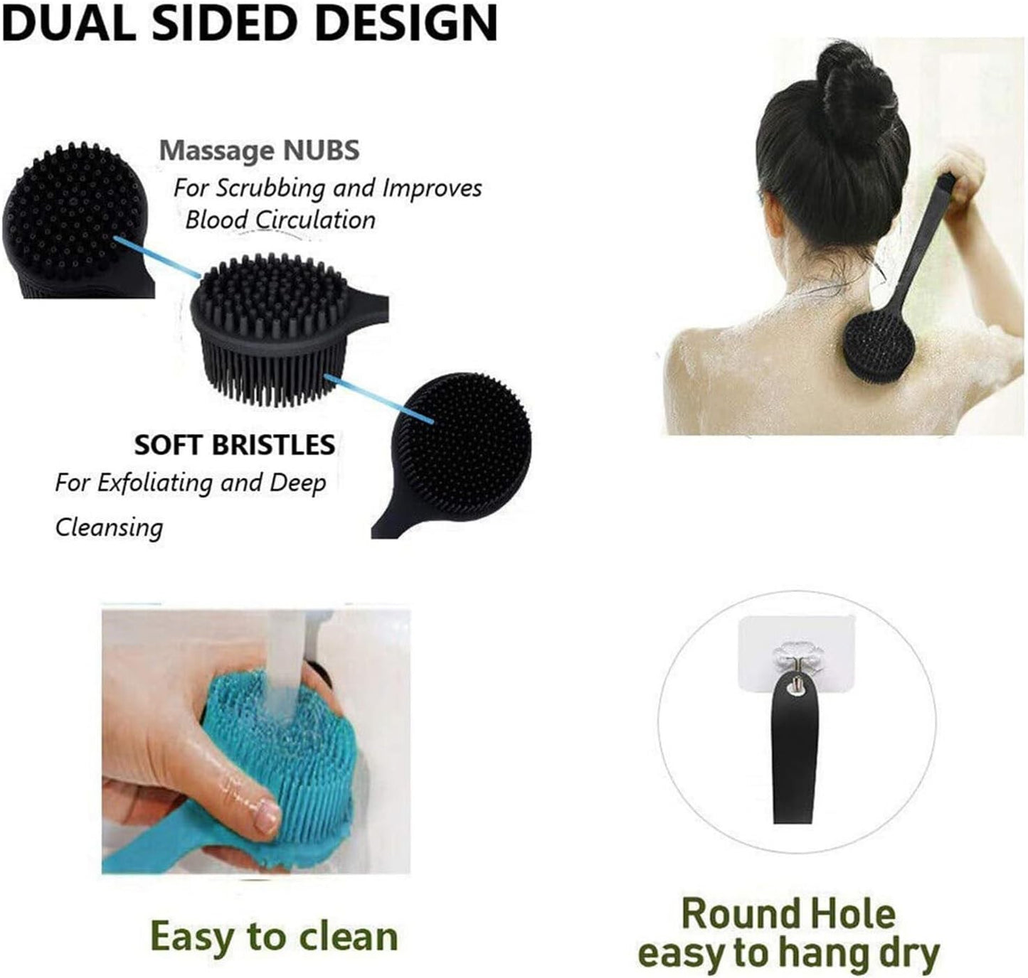Silicone Shower Brush Scrubber Body Back Exfoliate Bath Long Handle Double Sided