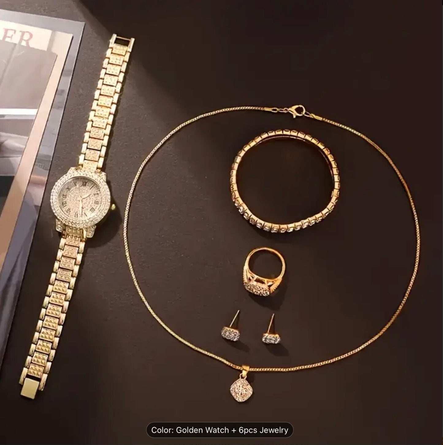 Luxury Women Girls 6pcs Watch- Bracelet & Jewellery Set – Rhinestone Quartz Gift