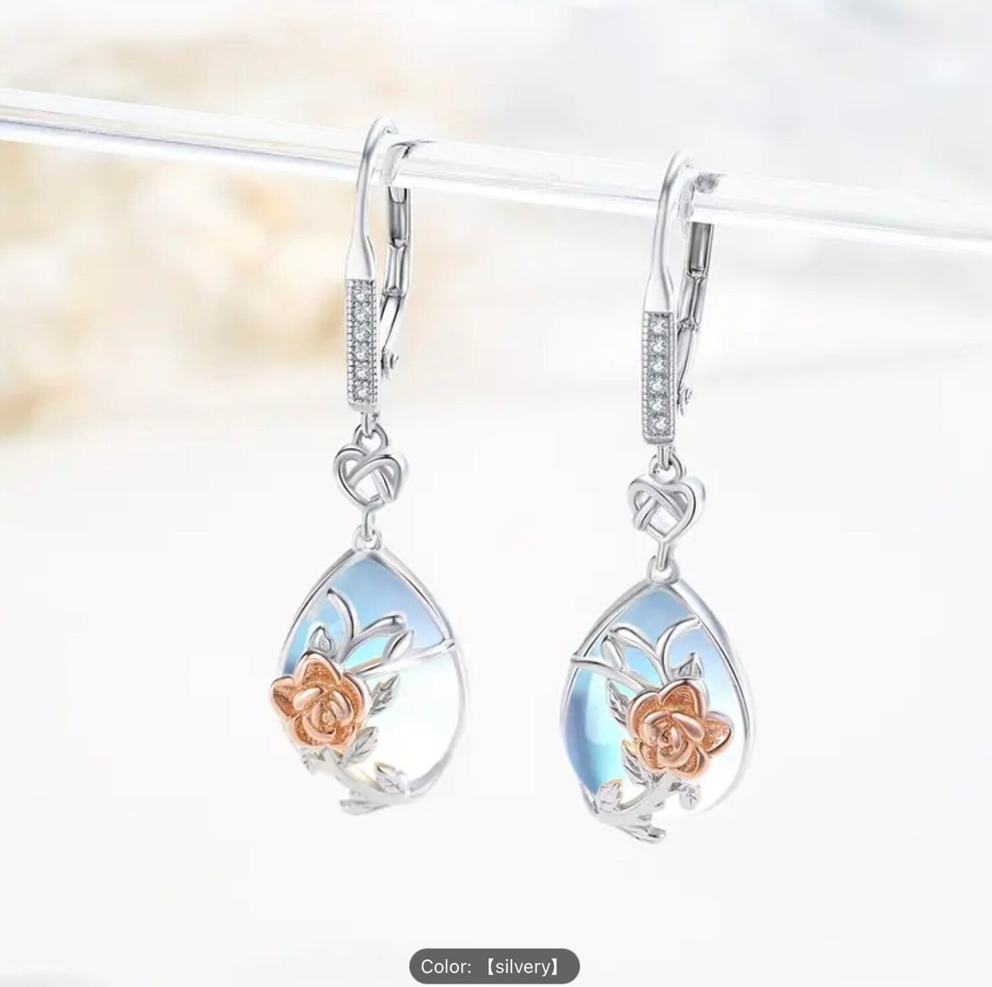 925 Silver Rose Moonstone Teardrop CZ Dangle Earrings–Women Hypoallergenic Gift