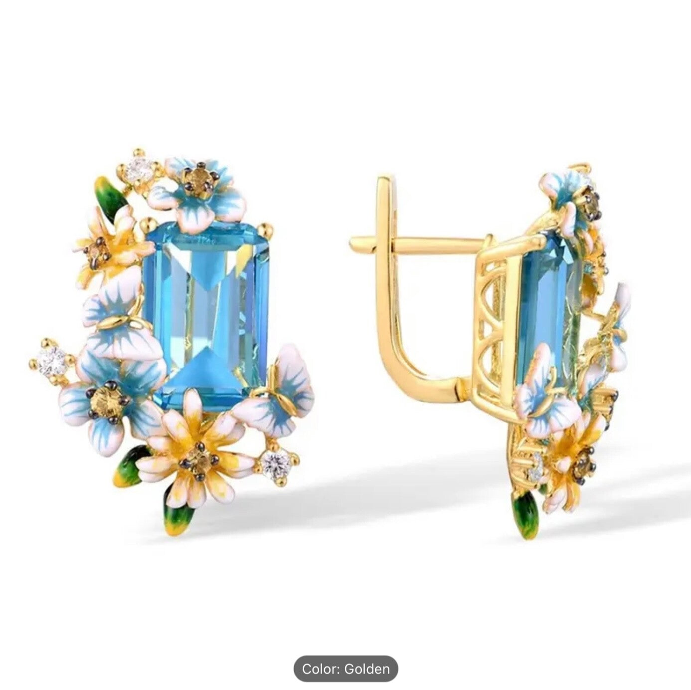 Ocean Blue Floral Drop Earrings Brass Epoxy Ocean-Blue CZ Lightweight Trendy Hoo