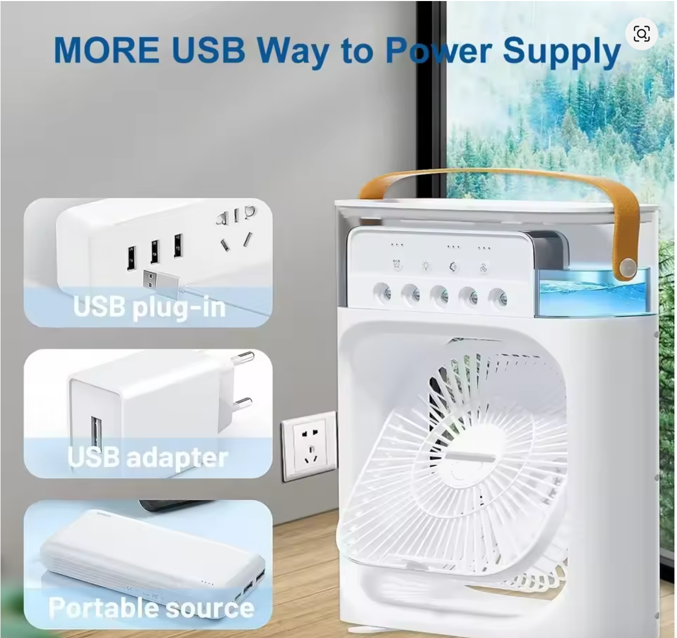 Portable 3in1 Ice Mist Fan Air Conditioner Household Small Air Cooler USB Lights