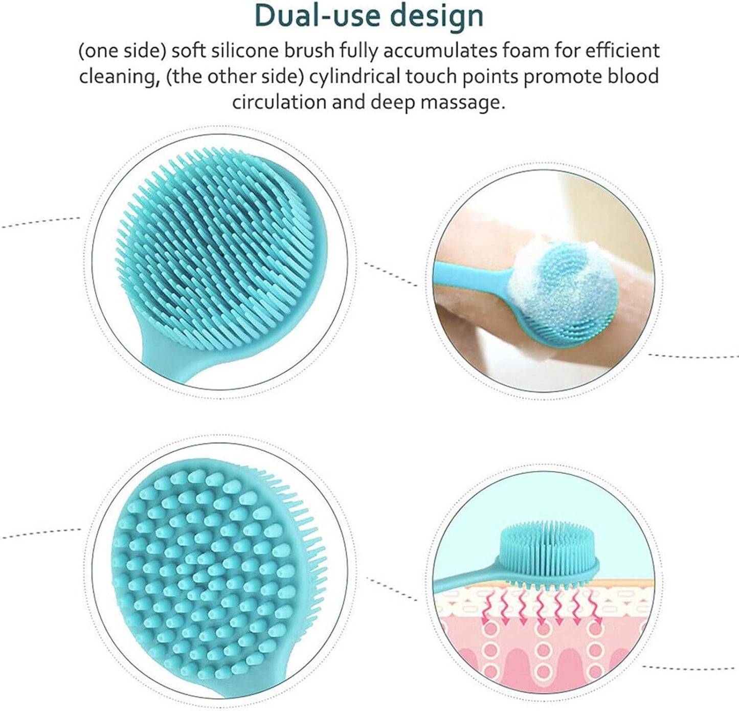 Silicone Shower Brush Scrubber Body Back Exfoliate Bath Long Handle Double Sided