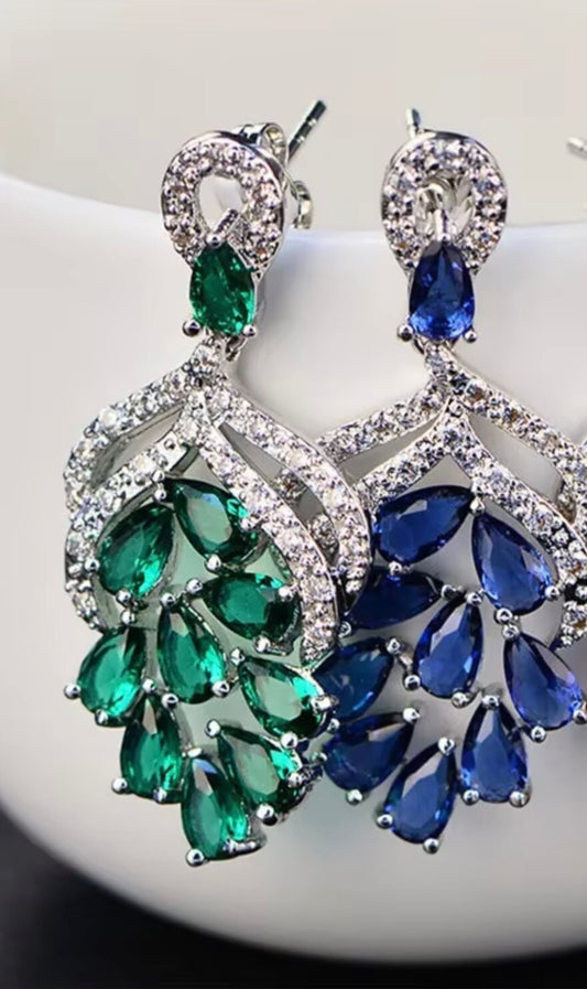 Handmade Grape Flower Drop Earrings 3.5cm Blue Green Cubic Zirconia Bridal Women
