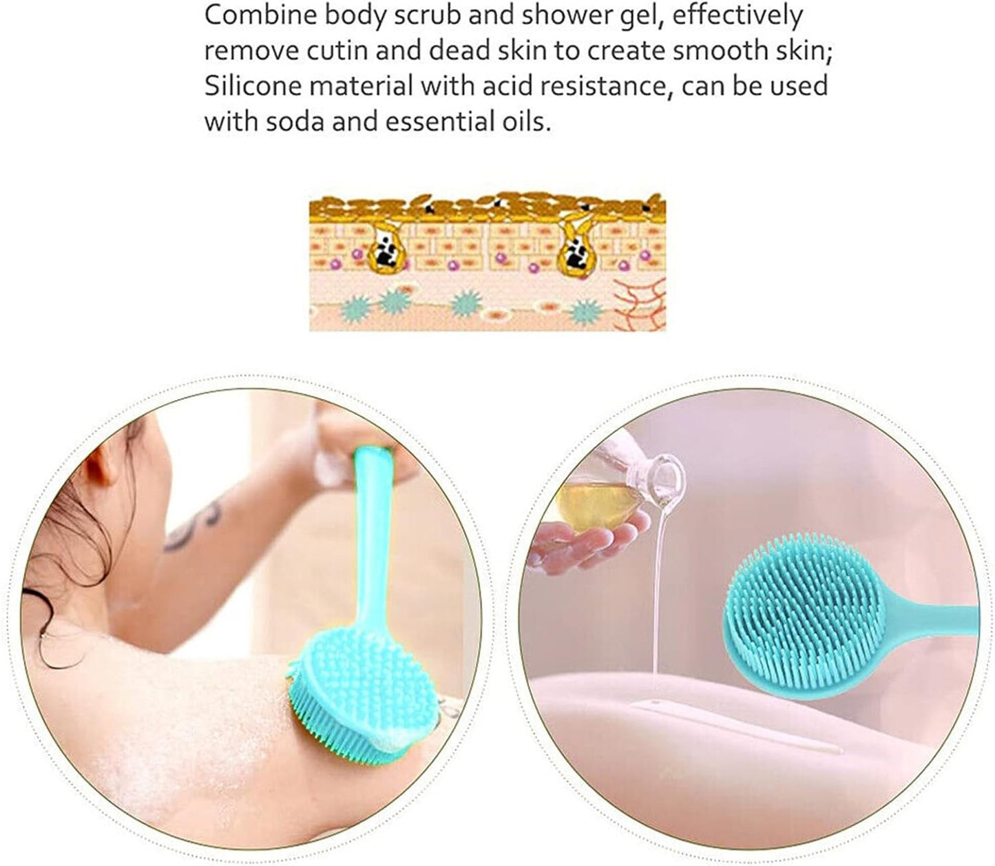 Silicone Shower Brush Scrubber Body Back Exfoliate Bath Long Handle Double Sided