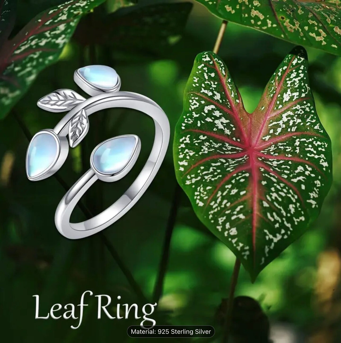 925 Sterling Silver Leaf Moonstone Ring Adjustable Gift Jewellery Women Girls