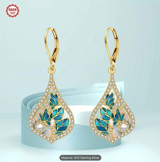 Luxury Earrings 925 Sterling Silver Dangle Drop Enamel Leaf Pearl Women Gift Set