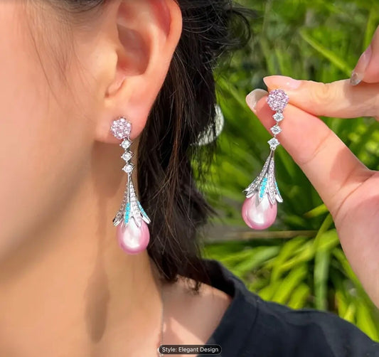 Shiny 925 Sterling Silver CZ Pink Pearl Drop Earrings Women Girls Gift Jewellery