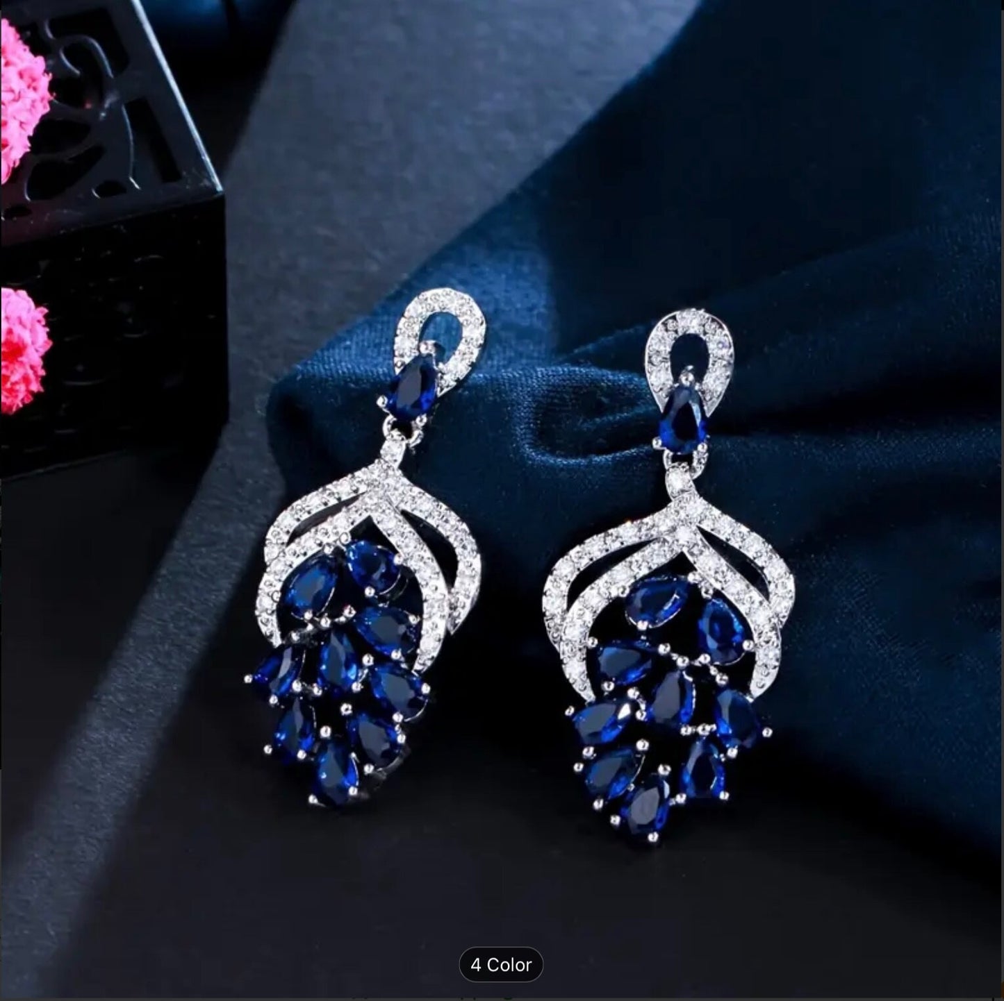 Handmade Grape Flower Drop Earrings 3.5cm Blue Green Cubic Zirconia Bridal Women