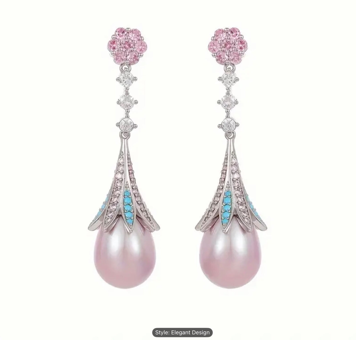 Shiny 925 Sterling Silver CZ Pink Pearl Drop Earrings Women Girls Gift Jewellery
