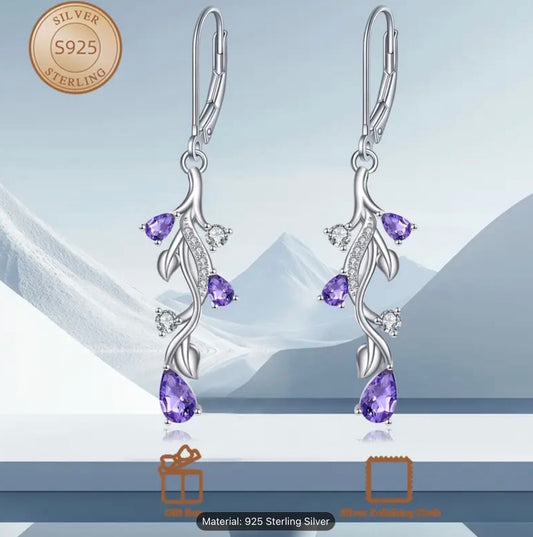 Sterling Silver Tulip Flower Teardrop Earrings Purple Cubic Zirconia Dangle Gift