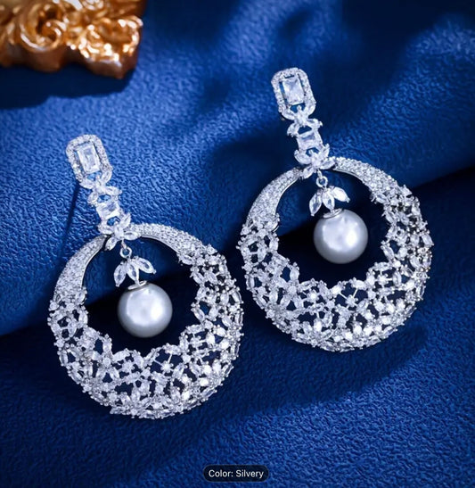 Vintage 925 Sterling Silver CZ Pearl Drop Dangle Earrings Women Jewellery Gift