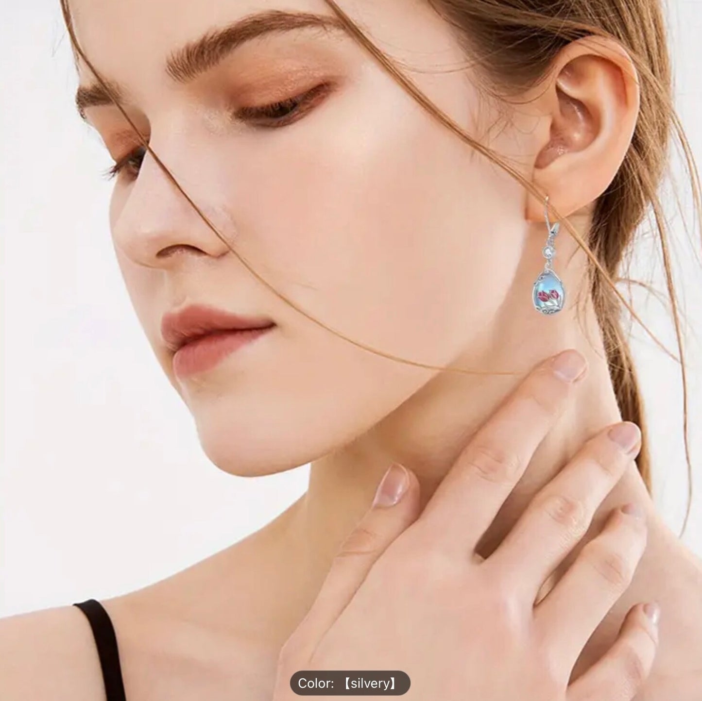 925 Silver Tulip Moonstone Teardrop CZ Dangle Earrings–Hypoallergenic Ideal Gift
