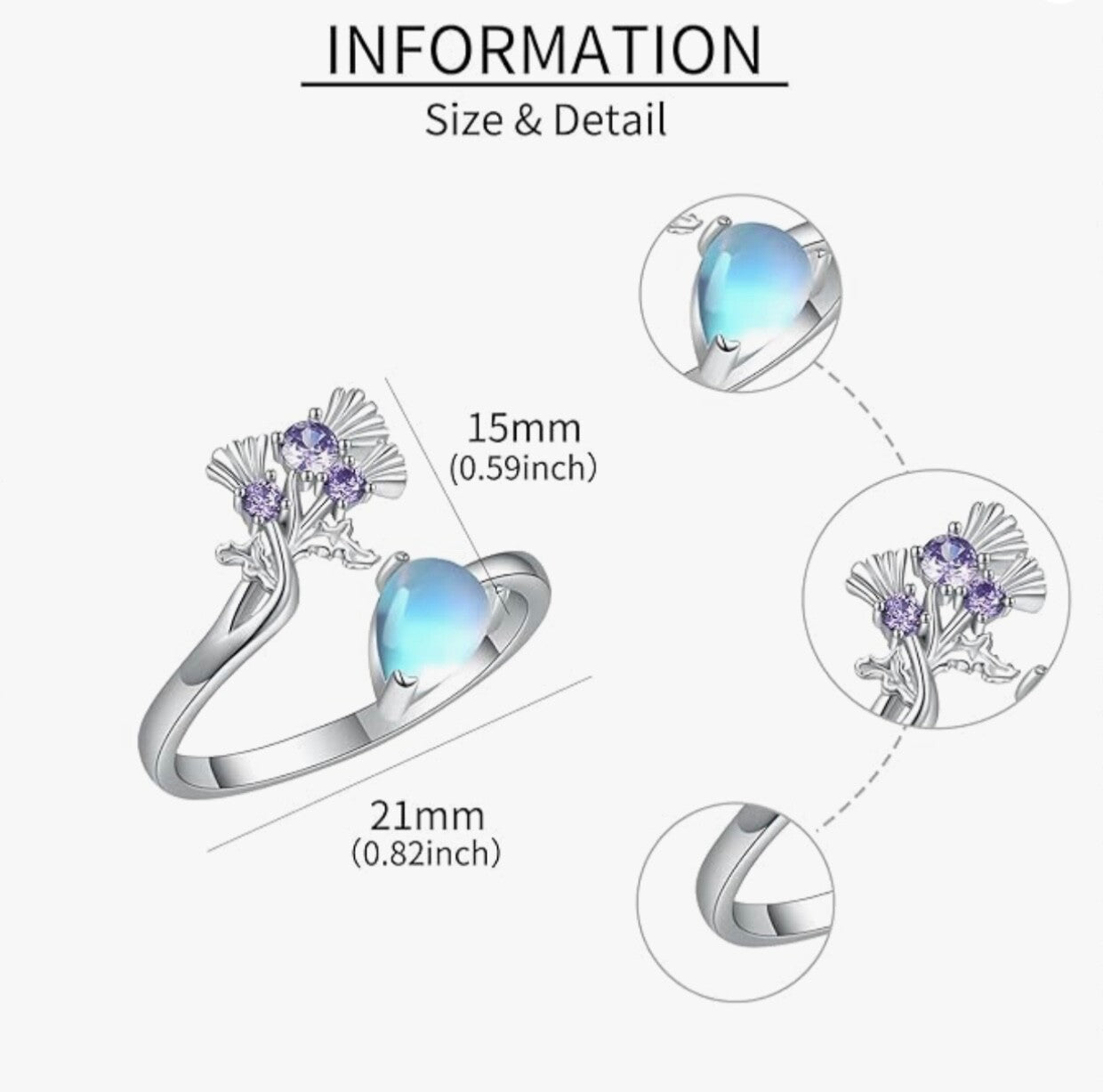 925 Sterling Silver Adjustable Flower Ring Moonstone Women Girls Gift Jewellery