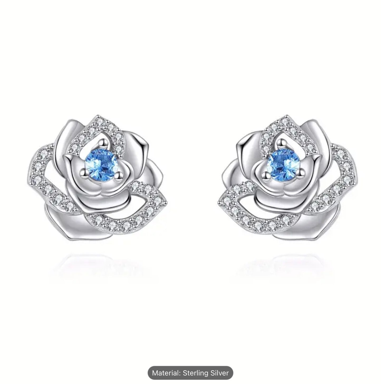 Sterling Silver Rose Earrings Stud Cubic Zirconia Women Romantic Gift Jewellery