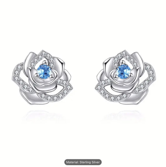 Sterling Silver Rose Earrings Stud Cubic Zirconia Women Romantic Gift Jewellery
