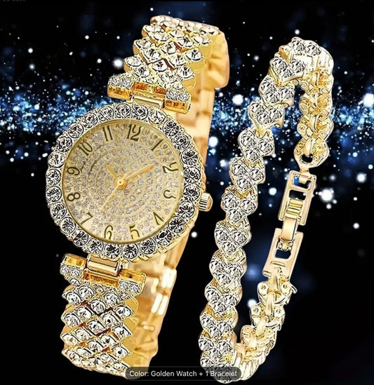 Luxury 2-Piece Women’s Rhinestone Watch & Bracelet Set – Elegant Quartz Gift set