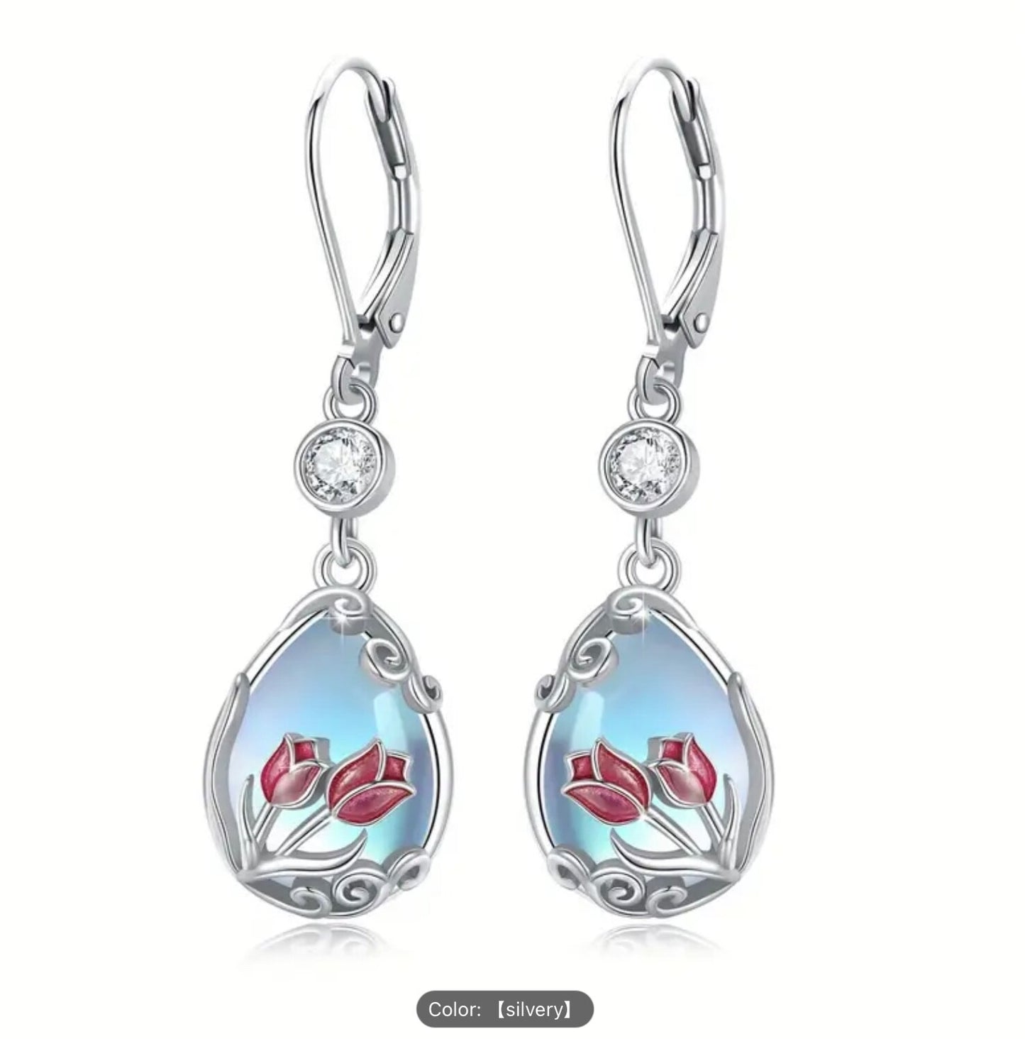 925 Silver Tulip Moonstone Teardrop CZ Dangle Earrings–Hypoallergenic Ideal Gift