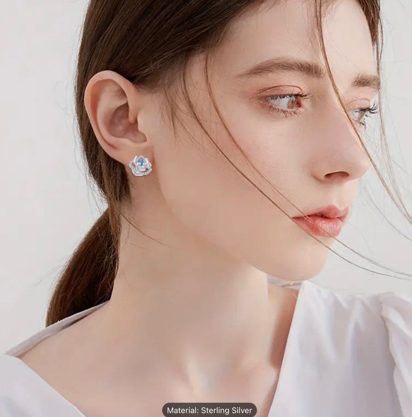 Sterling Silver Rose Earrings Stud Cubic Zirconia Women Romantic Gift Jewellery