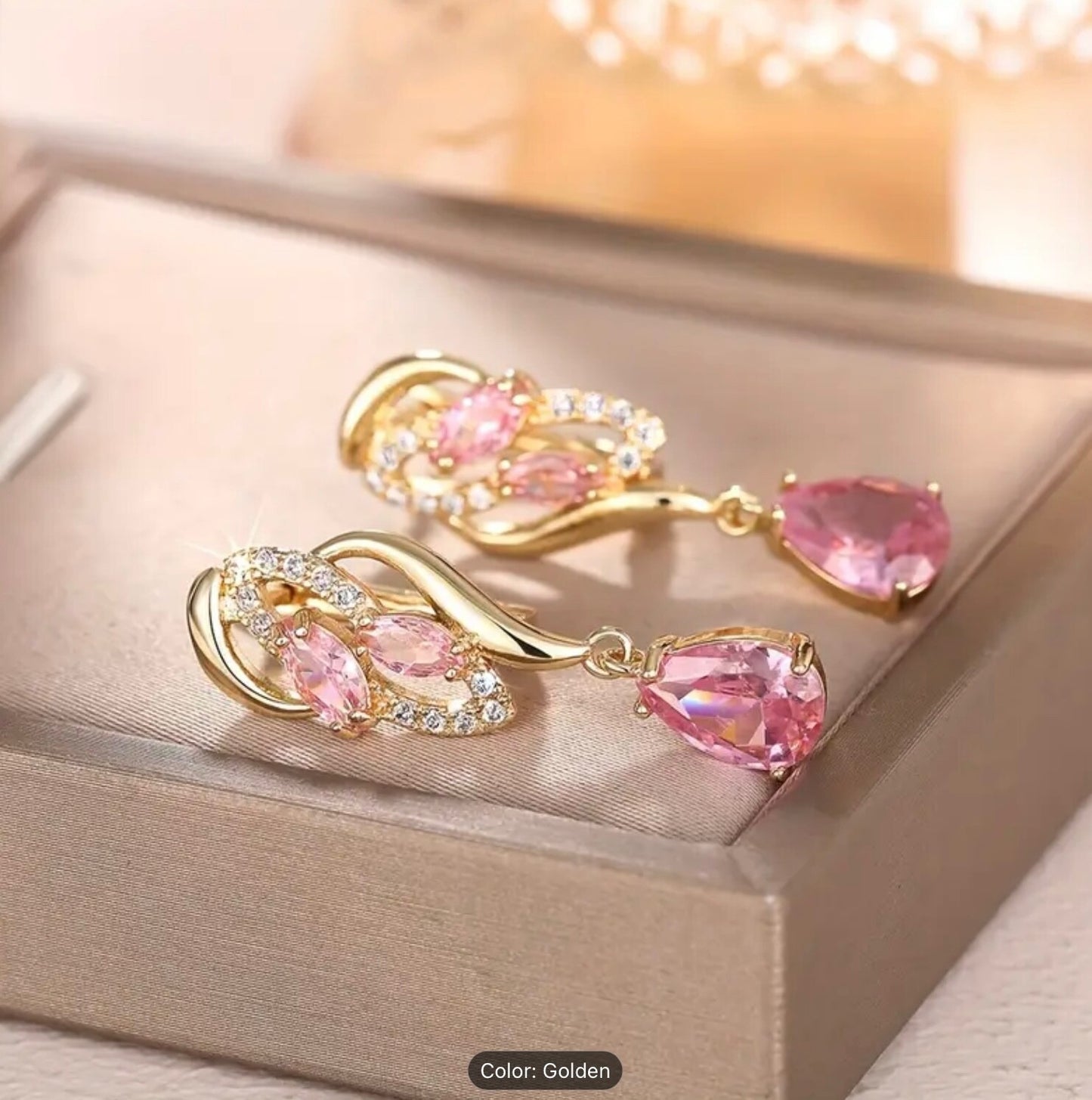 Romantic Pink Teardrop Zirconia Dangle Earrings – Gold-Tone Finish, Party-Gifts