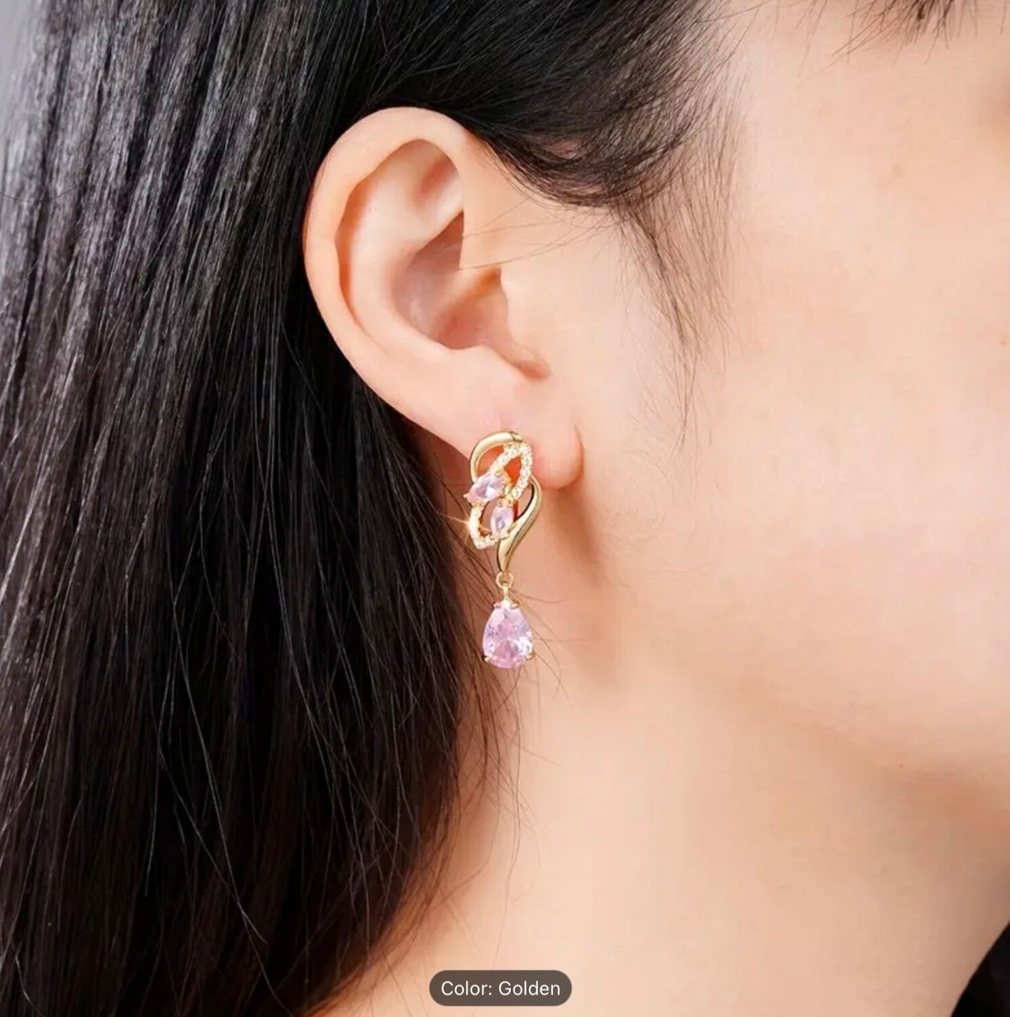 Romantic Pink Teardrop Zirconia Dangle Earrings – Gold-Tone Finish, Party-Gifts